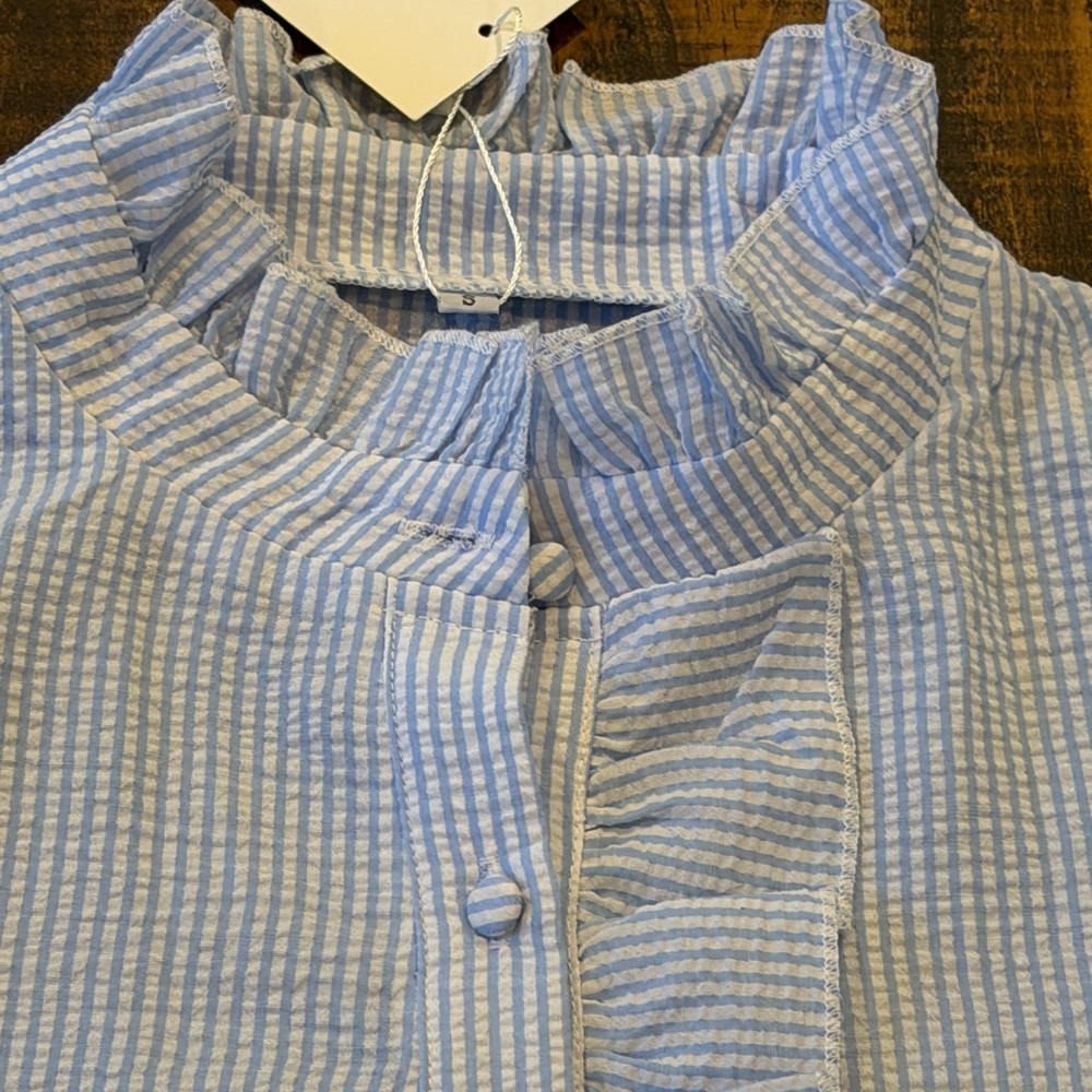 Light Blue Striped Ruffle Button-Down Blouse - Picture 2 of 6